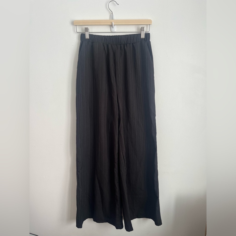 Shein Women Black High Waisted Wide Leg Ribbed Elastic Waist Trouser Pant Small
